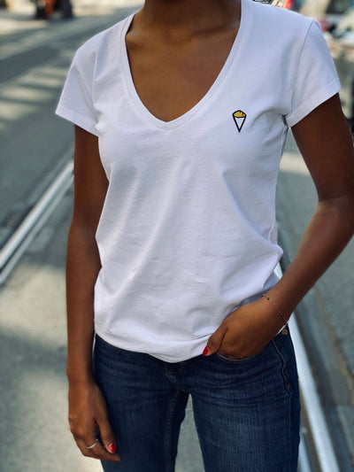 T-shirt blanc col V à logo Frites